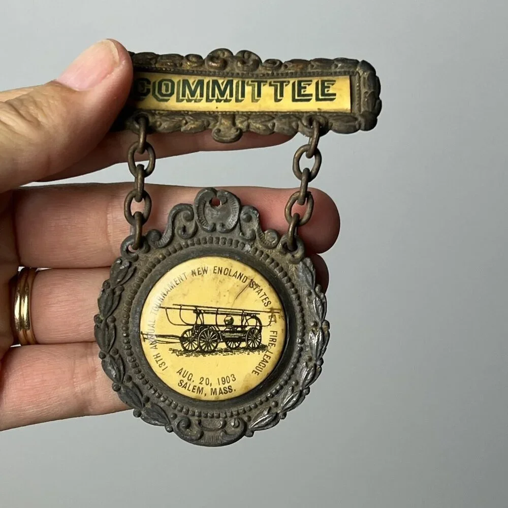 Antique 1903 New England Fire‎ League 13th Annual Tournament Committee Pin Badge